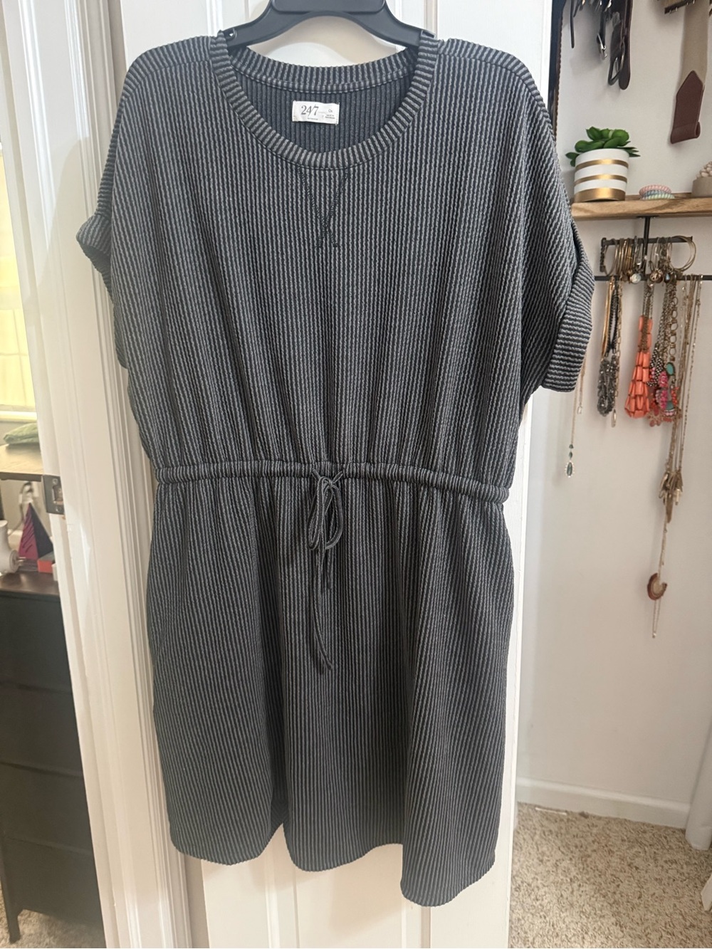 Maurices Black and White Striped Mini Dress with Drawstring Waist